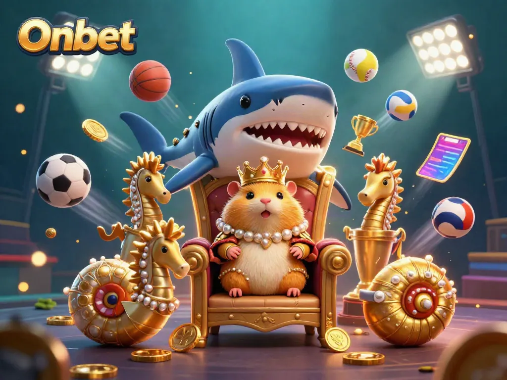 Onbet sports betting scene featuring a fierce golden hamster king and dynamic 3D sports elements.