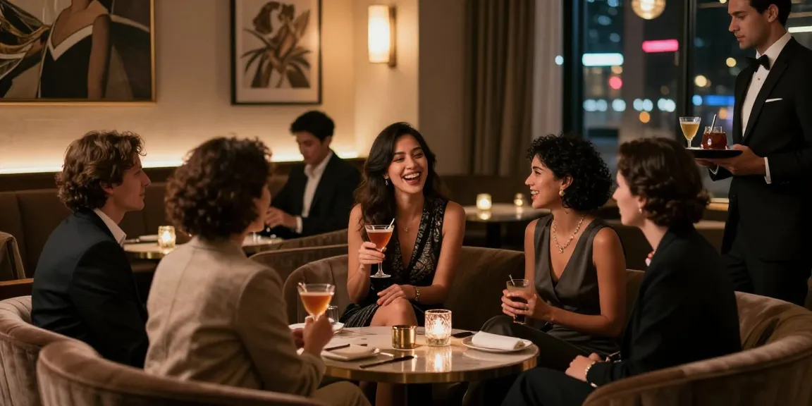 Call girls in elegant urban lounge enjoying cocktails and conversation, sophisticated atmosphere.