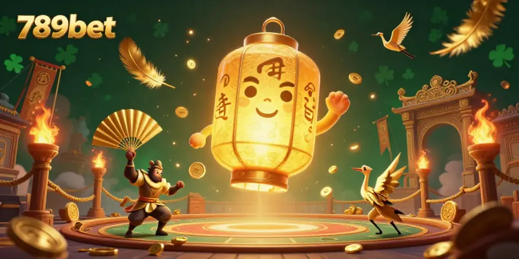 Experience the excitement of 789bet with a glowing lantern spirit above a dynamic casino scene.