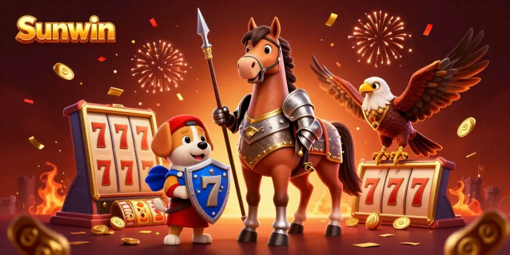 Experience the thrill of gaming with Sunwin in an immersive casino-themed illustration featuring knights and festive elements.