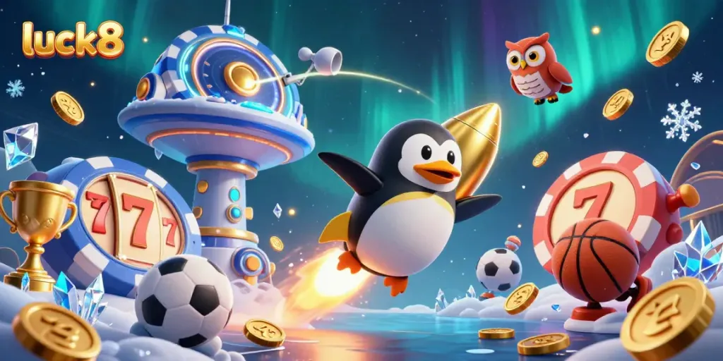 Engaging scene of the luck8 penguin racing to a casino, surrounded by vibrant slot reels and gold.