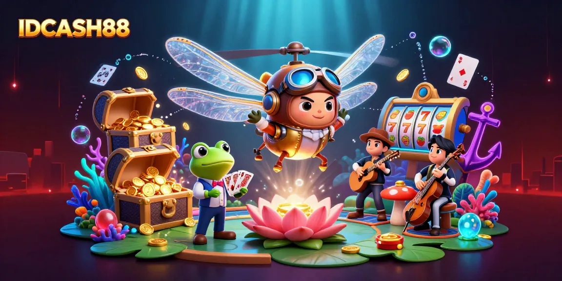 Experience thrilling gameplay with IDCASH88 at this vibrant lily pad casino illustration featuring unique characters and game elements.