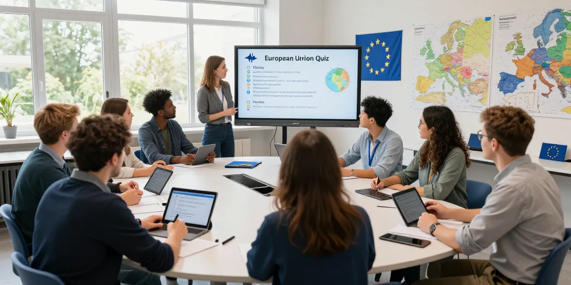 Participants excitedly engaging in the European Union Quiz in a bright classroom setting.