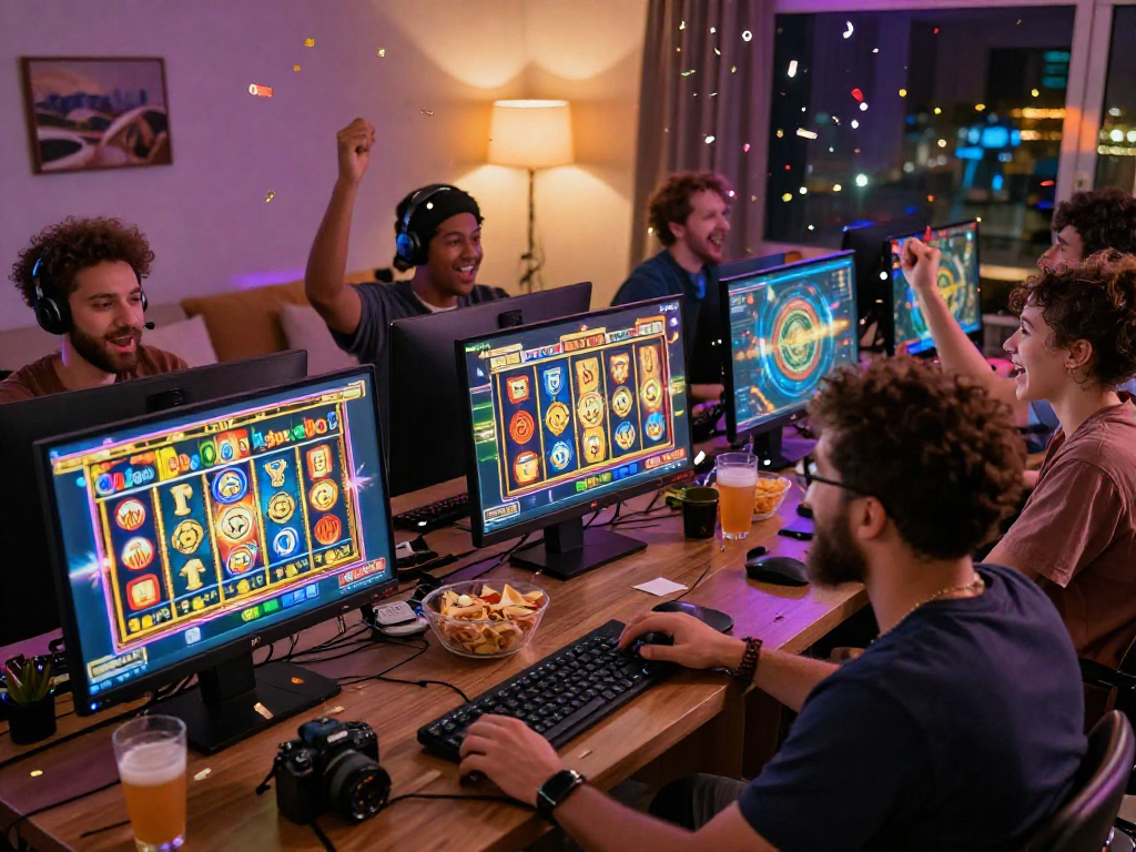 Excited players celebrating wins while playing slot games online in a cozy living room.