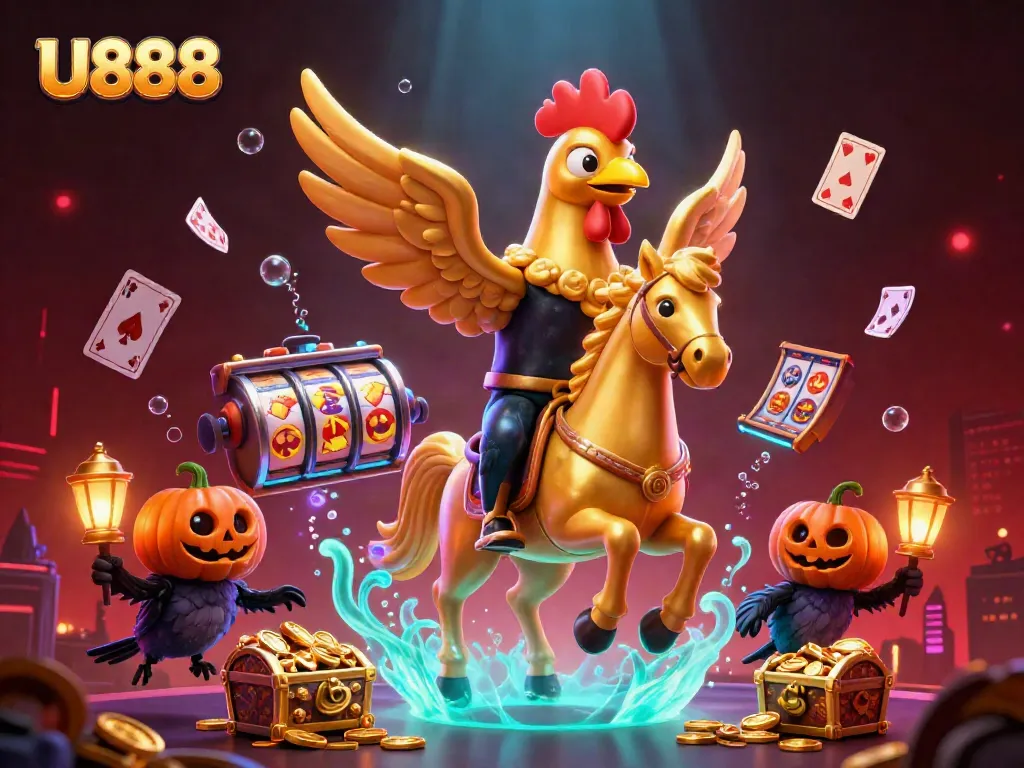 Experience U888 with golden rooster characters celebrating wins in a lively casino.