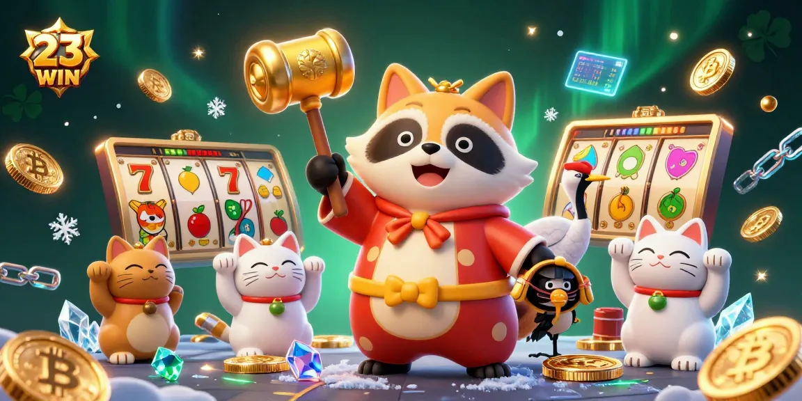 Engage in thrilling gameplay at 23WIN with vibrant illustrations showcasing casino games and lucky symbols.