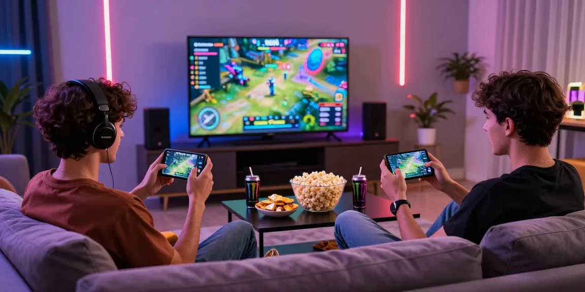 CIKA4D gaming scene showing friends engaging on mobile devices in a vibrant living room.