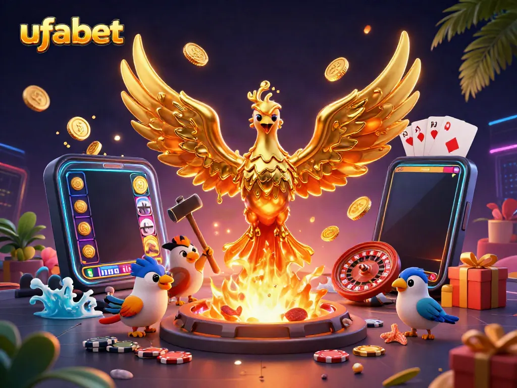 Engage with ufabet's golden phoenix, illuminating casino gaming with golden coins, dynamic slot game action, and vibrant visuals.