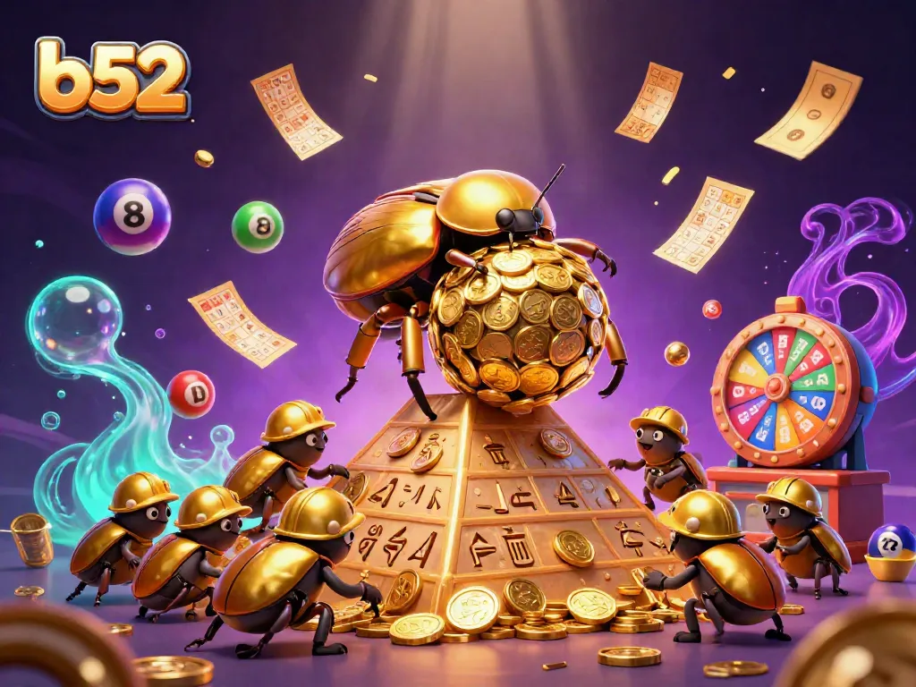 Experience excitement with b52 casino symbols rolling golden coins and colorful lottery elements.