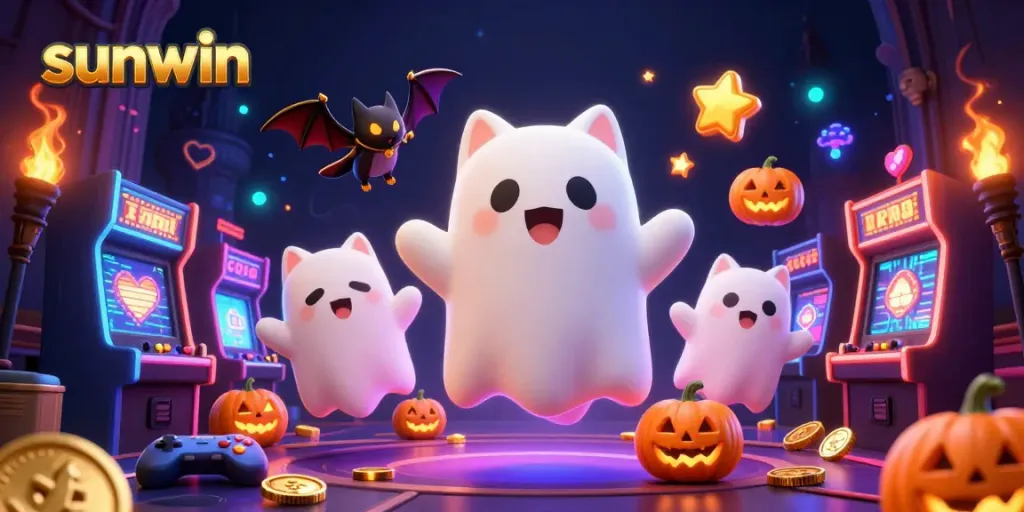 engage with exciting sunwin gaming experience featuring a ghost cat and glowing elements