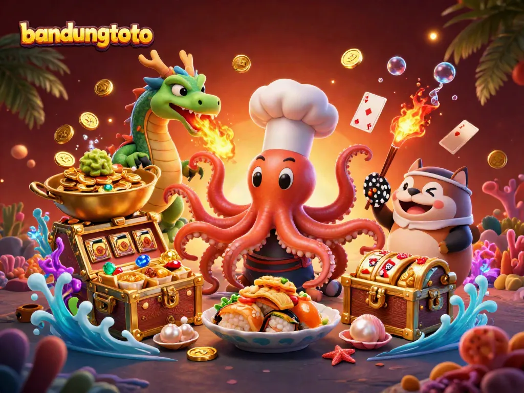 Experience the thrill of bandungtoto with a vibrant 3D casino scene filled with slots and golden dishes.