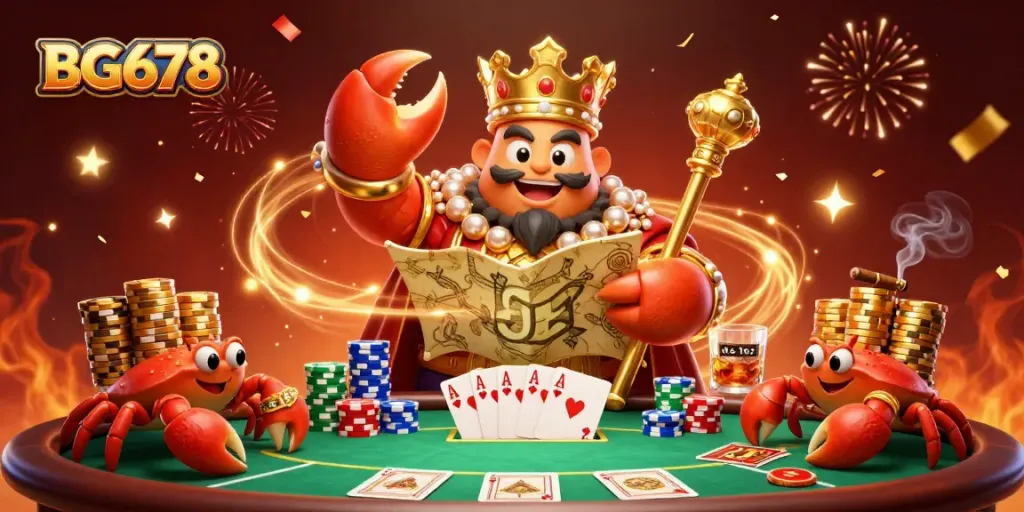 Experience the excitement of BG678 with the golden crab emperor and vibrant poker elements.