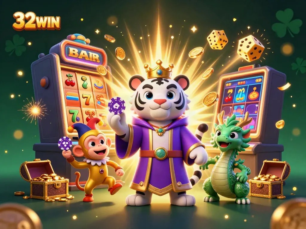 Experience winning moments with 32WIN in a vibrant 3D casino illustration packed with excitement.