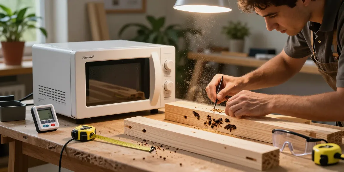 Shashel technician eliminating wood-boring insects using innovative microwave technology in a workshop