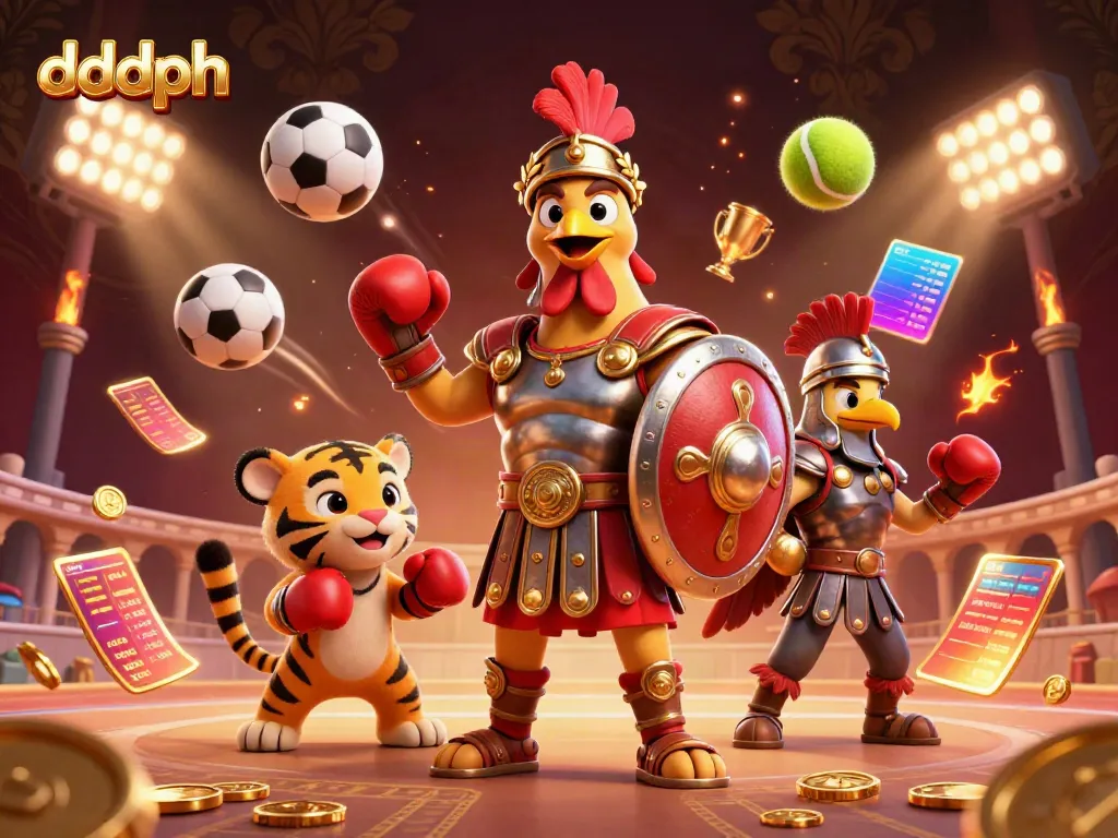 Engage with dddph as the gladiator rooster competes in an epic arena, embodying gambling excitement.