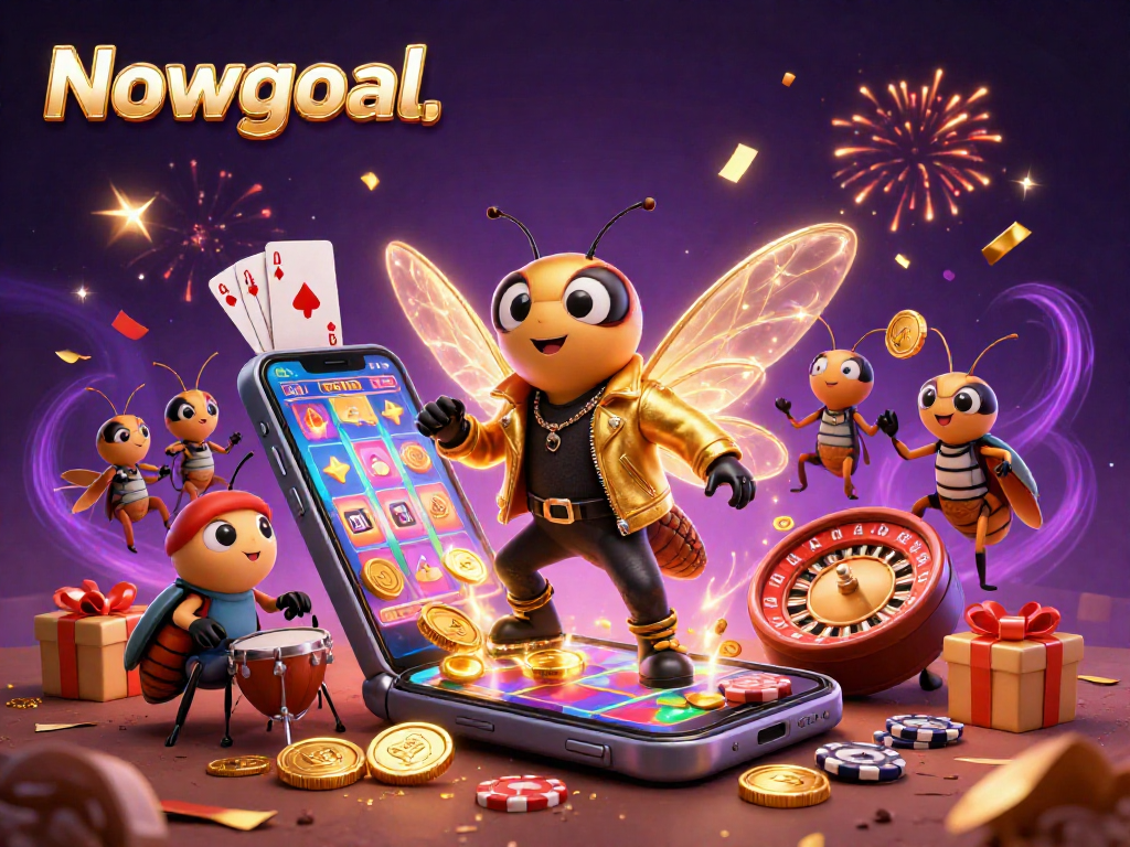 Experience Nowgoal's vibrant casino energy with a 3D cicada rock star and dynamic gaming elements.