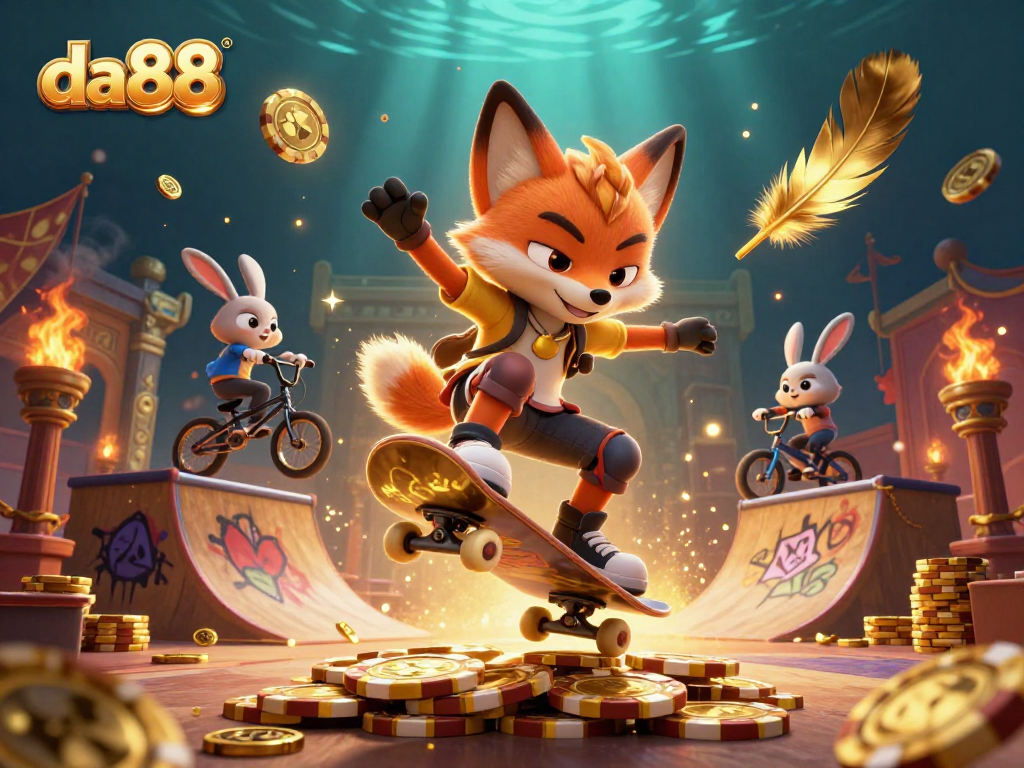 Experience the thrills of da88 with this vibrant illustration of a fox and rabbit in a casino-themed scene.