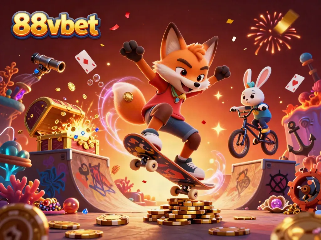 Engage with the exciting world of 88vbet featuring a dynamic scene of skateboarder fox and BMX rabbit over casino symbols.