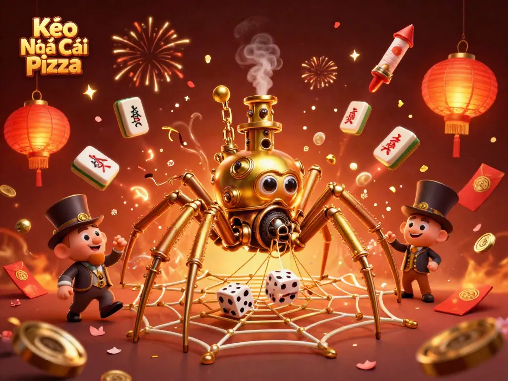 Kèo Nhà Cái Pizza brings a steampunk twist to casino games with a golden spider and whimsical elements.