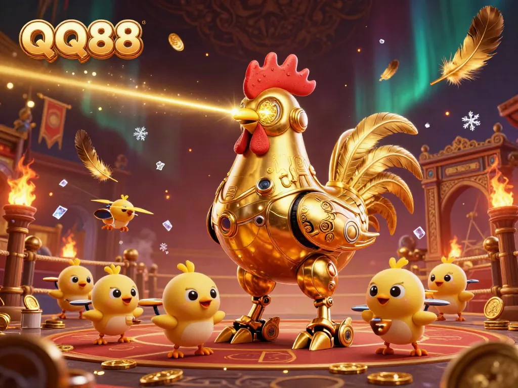 Engage in thrilling betting action with QQ88's dynamic casino scene featuring a futuristic rooster robot.