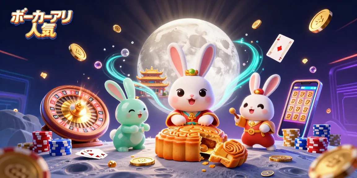ポーカーアプリ 人気をテーマにした、月面でチップと共に遊ぶキャラクターたちのイラスト