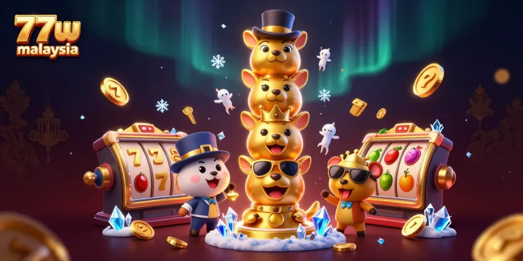 Experience the thrill of winning at 77w casino malaysia with a vibrant 3D illustration showcasing dynamic slot gaming elements.