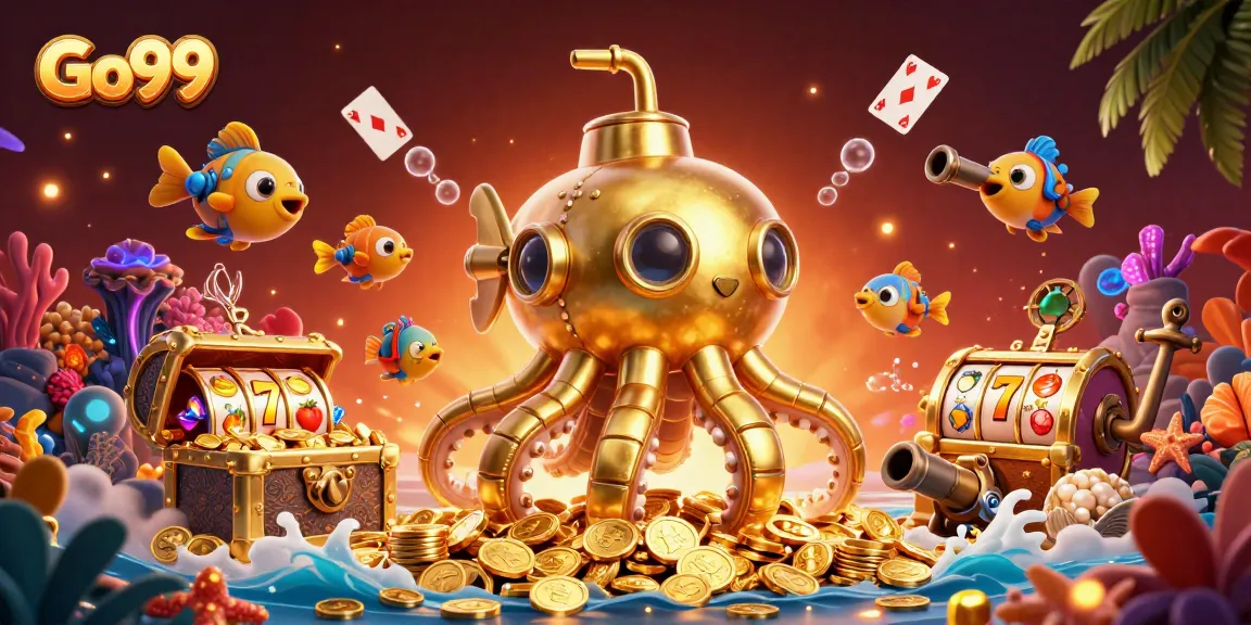 Experience the thrill of Go99 with an exciting golden kraken submarine amidst vibrant casino symbols and treasures.