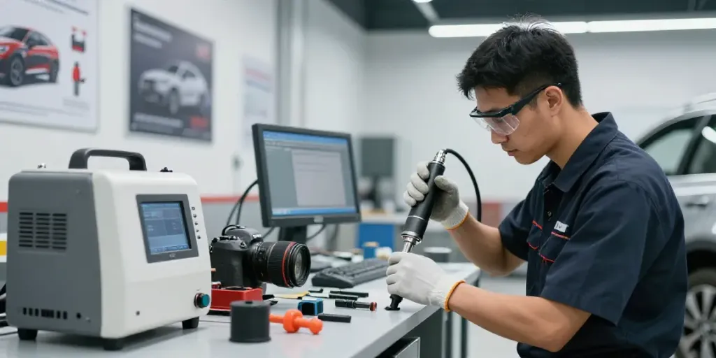 Technician performing DPF reinigung hannover in a clean automotive service center.