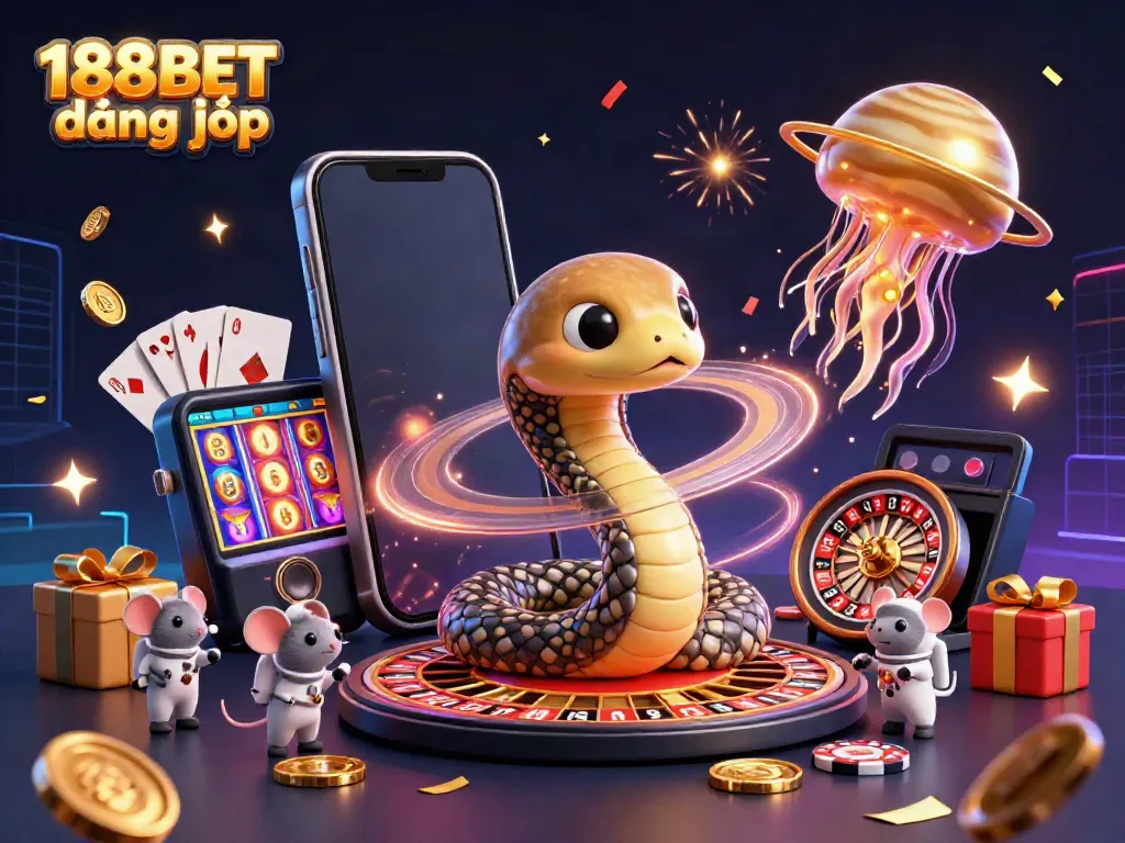 Experience the thrills of 188BET đăng nhập with a visual of cosmic gaming action featuring cartoon characters and vibrant slot visuals.