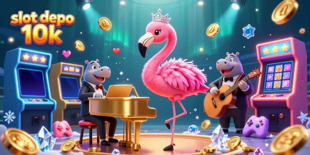 Explore the vibrant world of slot depo 10k through colorful casino elements and characters.