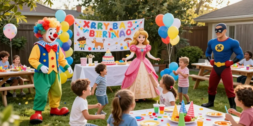 Excited kids interacting with lively party characters at a birthday celebration.