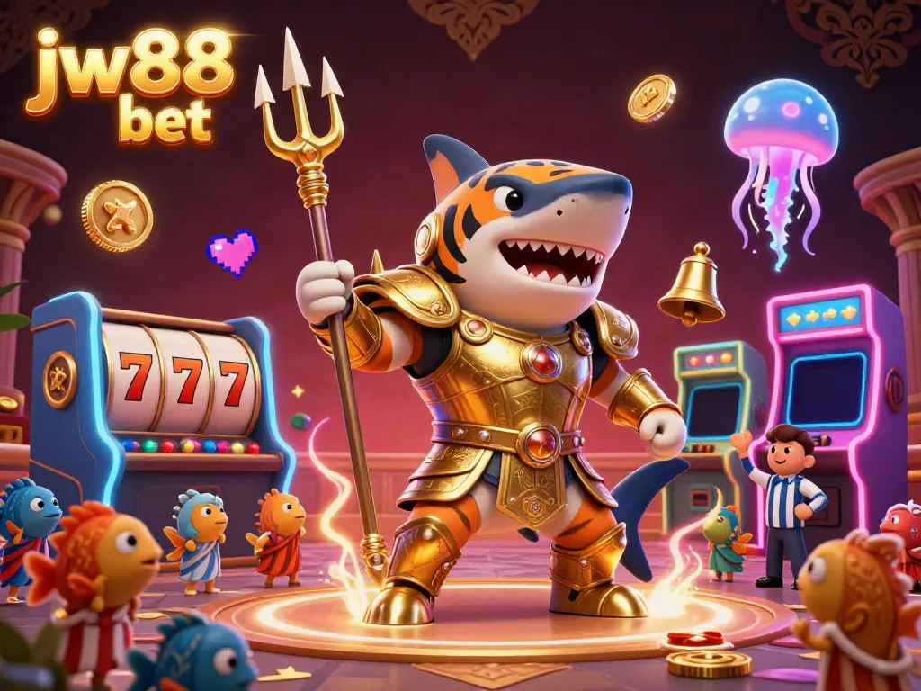 Engage with jw88 bet in a lively underwater colosseum featuring a fierce tiger shark and slot machine elements.