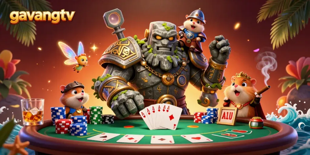 Experience top-quality gaming with the dynamic gavangtv illustration featuring a mystical golem and a hamster knight.