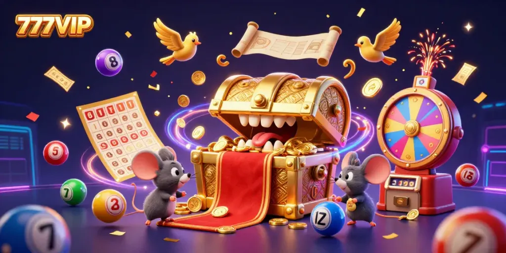 Experience the thrill of winning at 777VIP with colorful lottery balls and treasure galore.