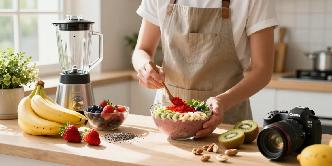 Delicious vegan astaxanthin smoothie bowl preparation with fresh fruits in a bright kitchen.