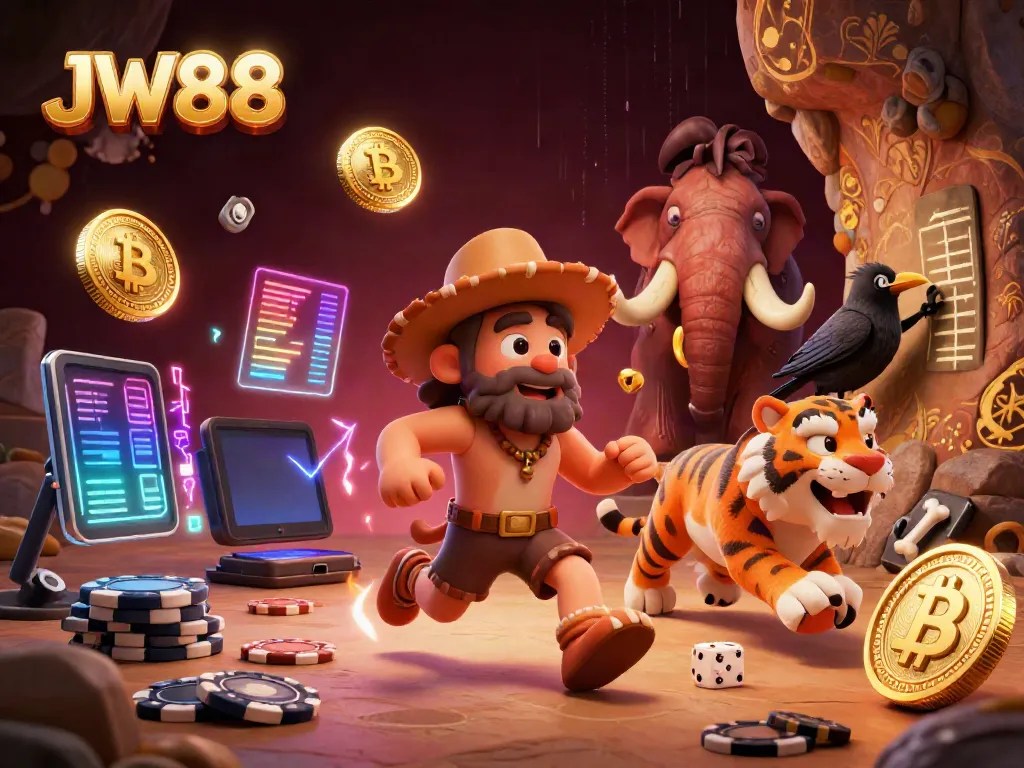 Engage in thrilling gameplay with JW88 at this vibrant prehistoric casino filled with neon crypto elements.
