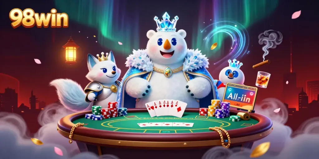 Engage in the thrilling world of gambling with 98win, featuring a majestic ice king polar bear and snow fox amidst vibrant poker elements.