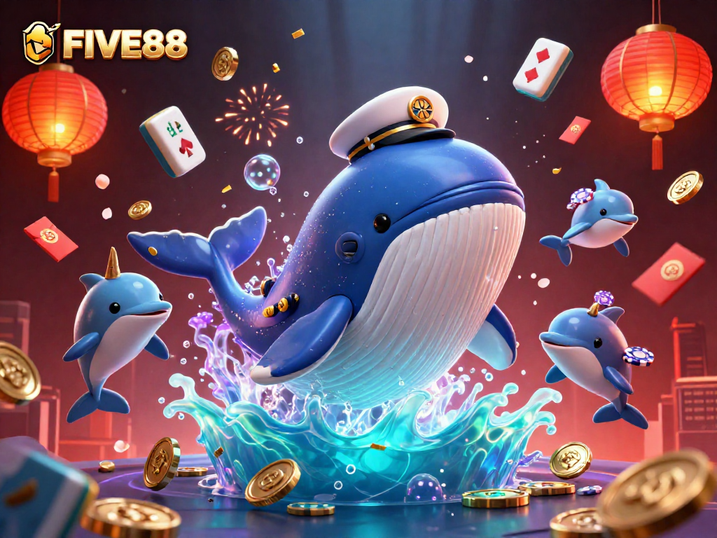 Engage with FIVE88's winning gaming atmosphere, featuring a whimsical whale and lively characters amidst festive gambling elements.