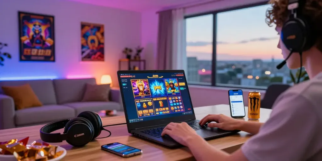 Engaged player exploring slot games on a laptop, showcasing electronic wallet use in a vibrant gaming environment.