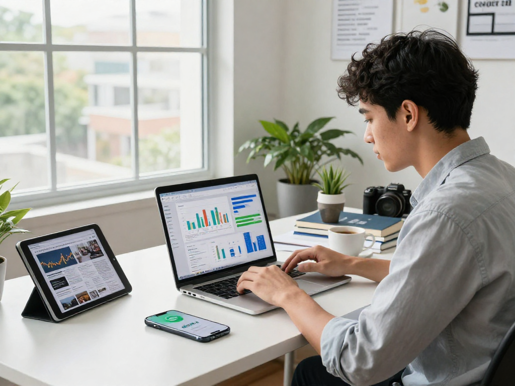 Dynamic fintech workspace showcasing the debet application interface on multiple devices and a professional analyzing financial data.