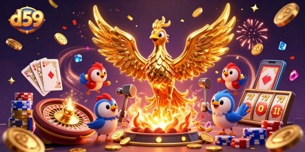 Experience thrilling gaming with d59, showcasing a golden phoenix and casino elements.