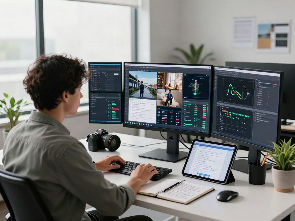 Data analyst performing AI-Generated Image Detection in a modern tech workspace