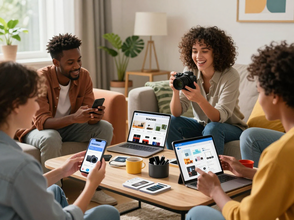 Engaging group of friends exploring rokok88 platform for second-hand treasures in a cozy home.