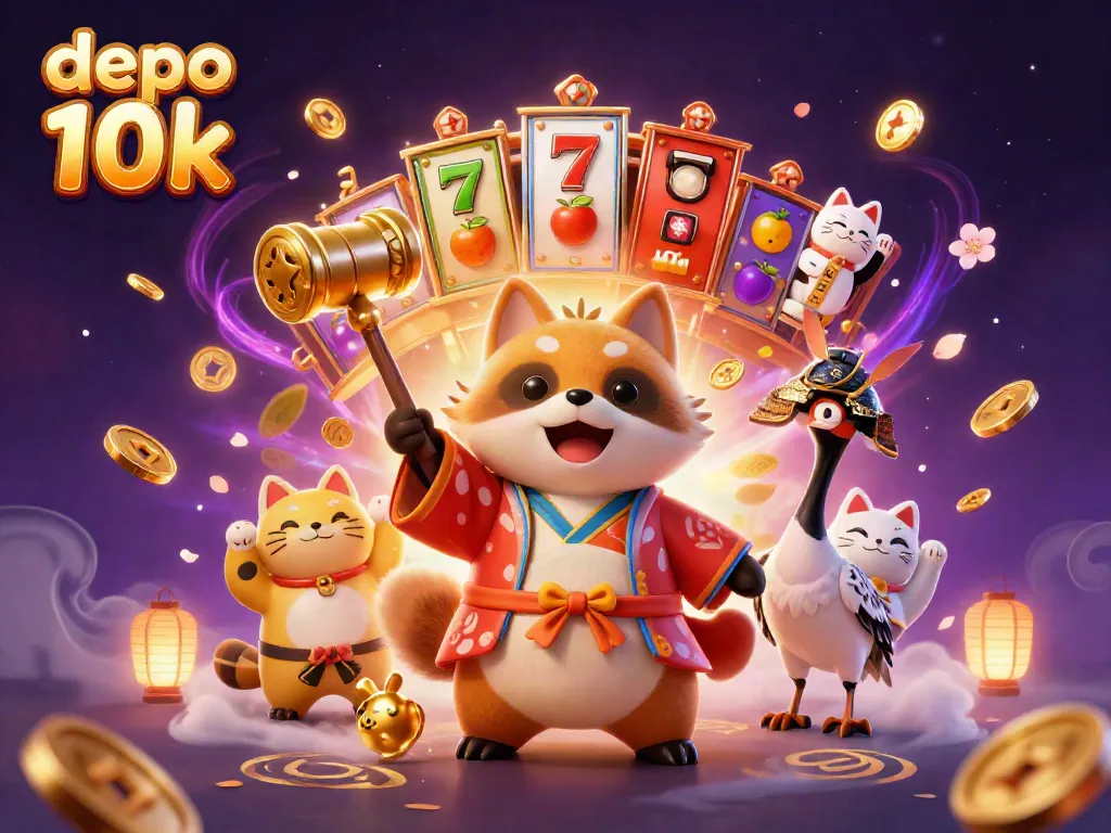 Experience max wins with depo 10k slots in this vibrant 3D festive illustration.