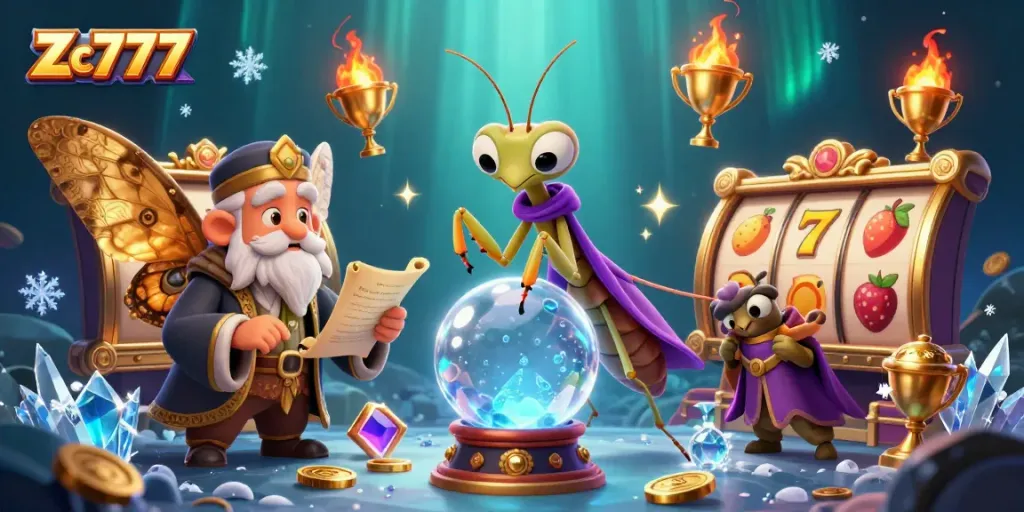 Experience the excitement of Zc777 slot games with this colorful and dynamic illustration of fortune-telling characters.