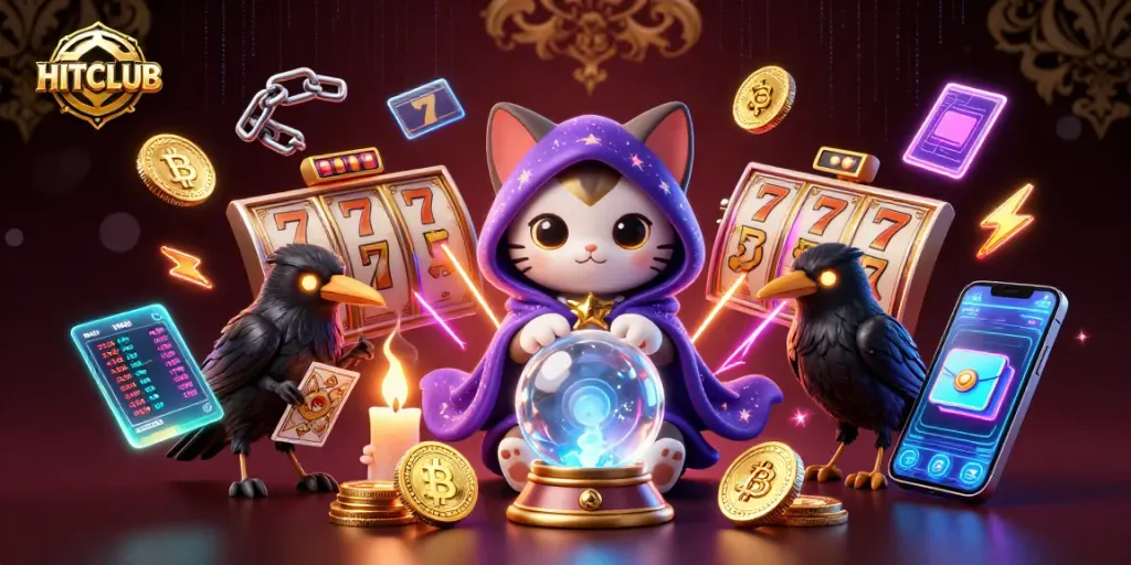 Join the excitement at HITCLUB with vibrant casino elements featuring a mystical fortune teller and animated characters.