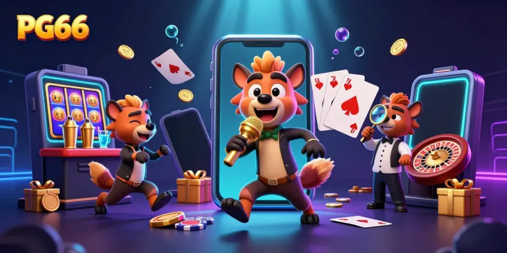 Engage with PG66's entertaining hyena casino scene featuring vibrant betting elements and lively characters.