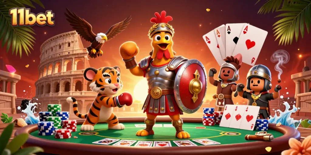 Experience 11bet's thrilling poker action with a gladiator rooster and tiger cub in an energetic casino scene.