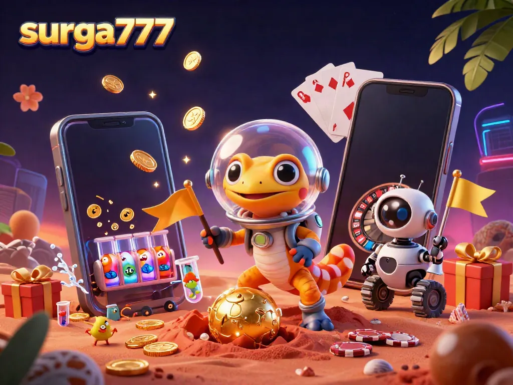 Experience the excitement of surga777 with a Martian gecko in a retro suit discovering a golden casino.