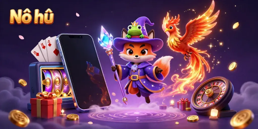 Nổ hũ gaming scene with a mystical fox wizard, phoenix, and slot games, illustrating excitement.